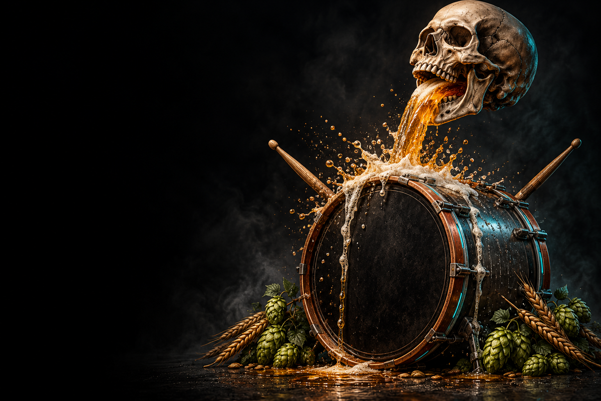 Skull pouring amber beer over a sci-fi kick drum with hops and barley